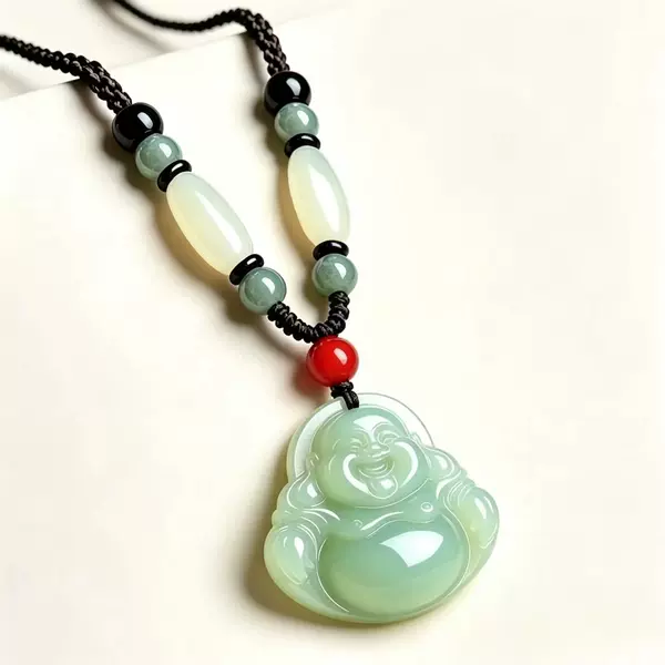 Imitation Hetian jade Maitreya Buddha pendant necklace, unisex, Chinese-style jade pendant, smiling Buddha sweater chain