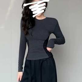 撞色拼接修身圆领长袖t恤女装秋冬2025年新款内搭打底衫显瘦上衣