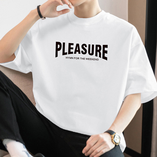 Men's Loose Fit Round Neck Cotton T-Shirt with Letter Print - 200g Heavyweight Summer Half Sleeve American Style