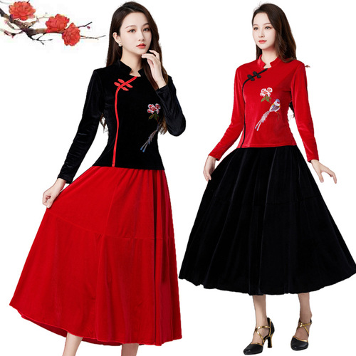 New Spring and Autumn Square Dance Costume Set, Dance Wear for Middle-Aged Adults, Gold Velvet Embroidered Performance Attire