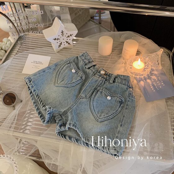 Girls' Summer Denim Shorts Baby's Western Style Children's Personalized Trendy Brand Korean Style Fashionable Love Pocket Pearl Hot Pants