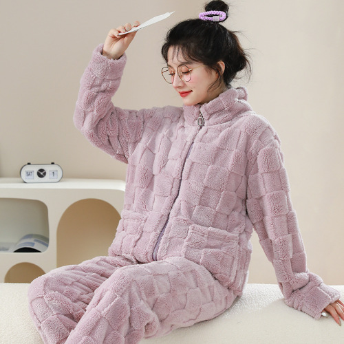 Women's and Men's Autumn/Winter Flannel-Plus-Thickness Stand-Neck Hooded Zip-Up Coral Fleece Pajama Set for Outwear