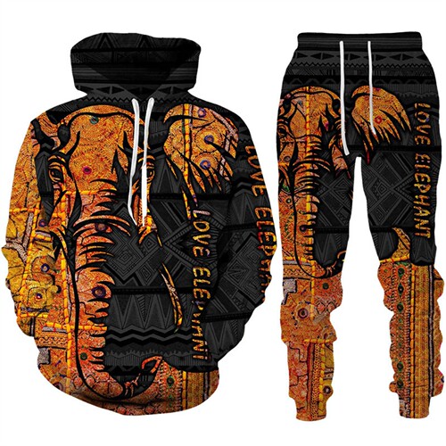 2024 Autumn Four Seasons Cross-Border Set Men's Elephant Pattern 3D Print Long Sleeve Hoodie and Pants Animal Set