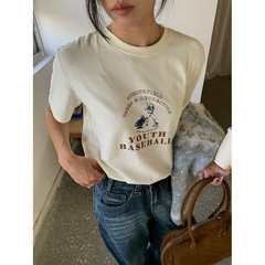 黄峥 磨毛印花短袖T恤女2025秋季新款韩版宽松简约休闲上衣530078