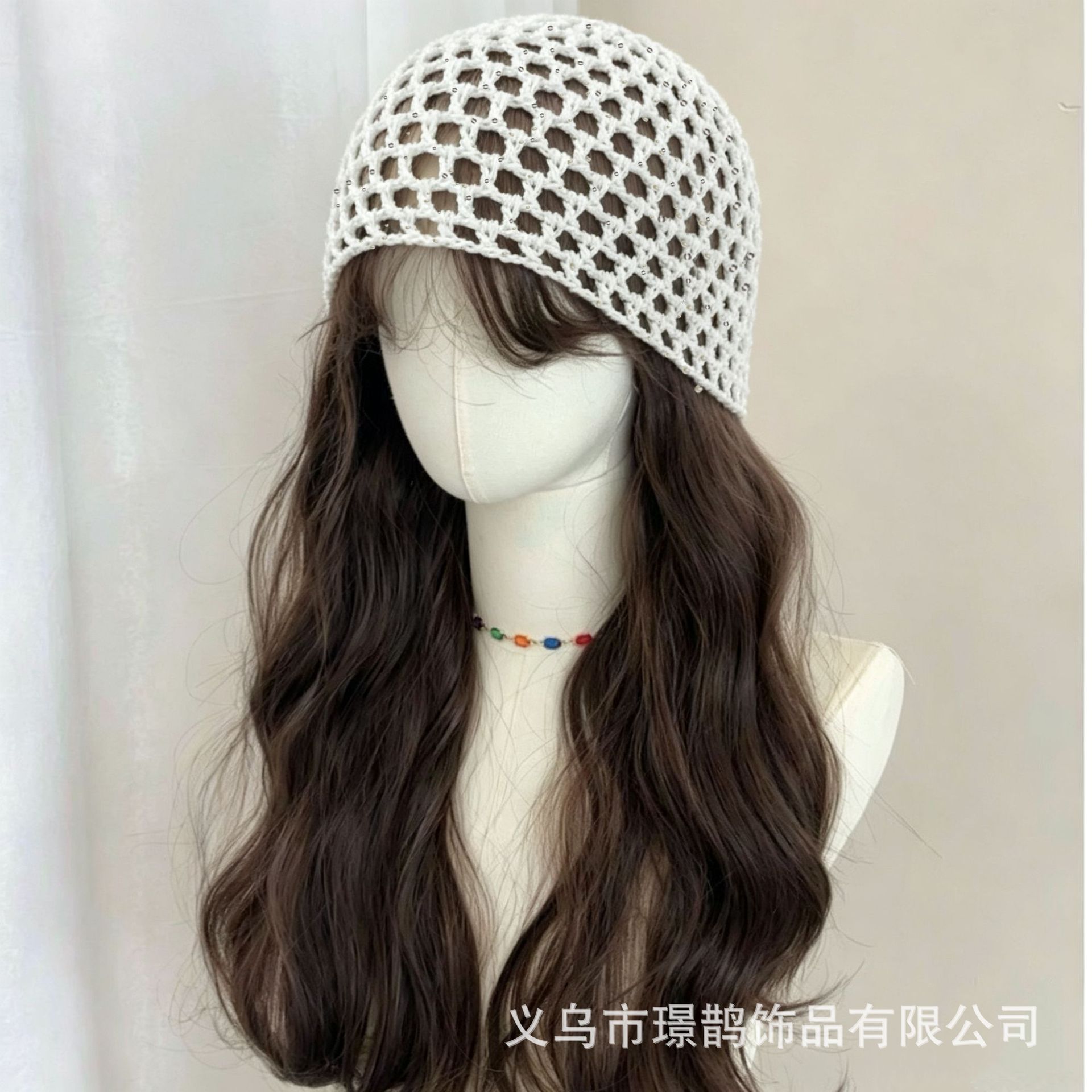 手工钩花亮片帽镂空针织包头帽子女春夏毛线帽薄款辣妹编织网透气
