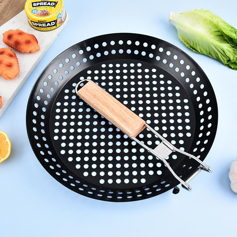 Mango plegable bandeja de barbacoa antiadherente circular hueco bandeja de barbacoa bandeja de verduras cesta de barbacoa al aire libre herramientas de barbacoa
