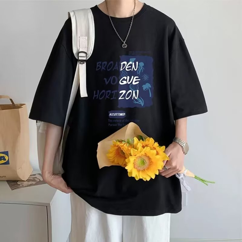 夏の新作半袖ルーズTシャツメンズトレンディカジュアル半袖トレンドTシャツボトリングシャツ五分袖トップ|undefined