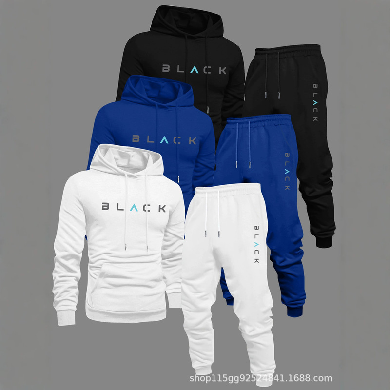 Spring and Autumn Fleece-Lined Hooded Sweatshirt Set for Men, Balance Letter Print, Warm Sports Casual Two-Piece Set
