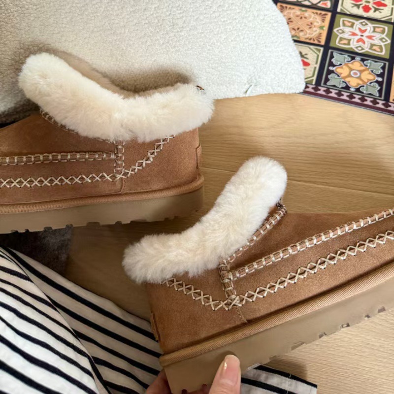 Thick-Soled Cow Suede Wool Snow Boots Warm Mid-Calf Cotton Shoes Braided Rope Ethnic Furry Wholesale Delivery