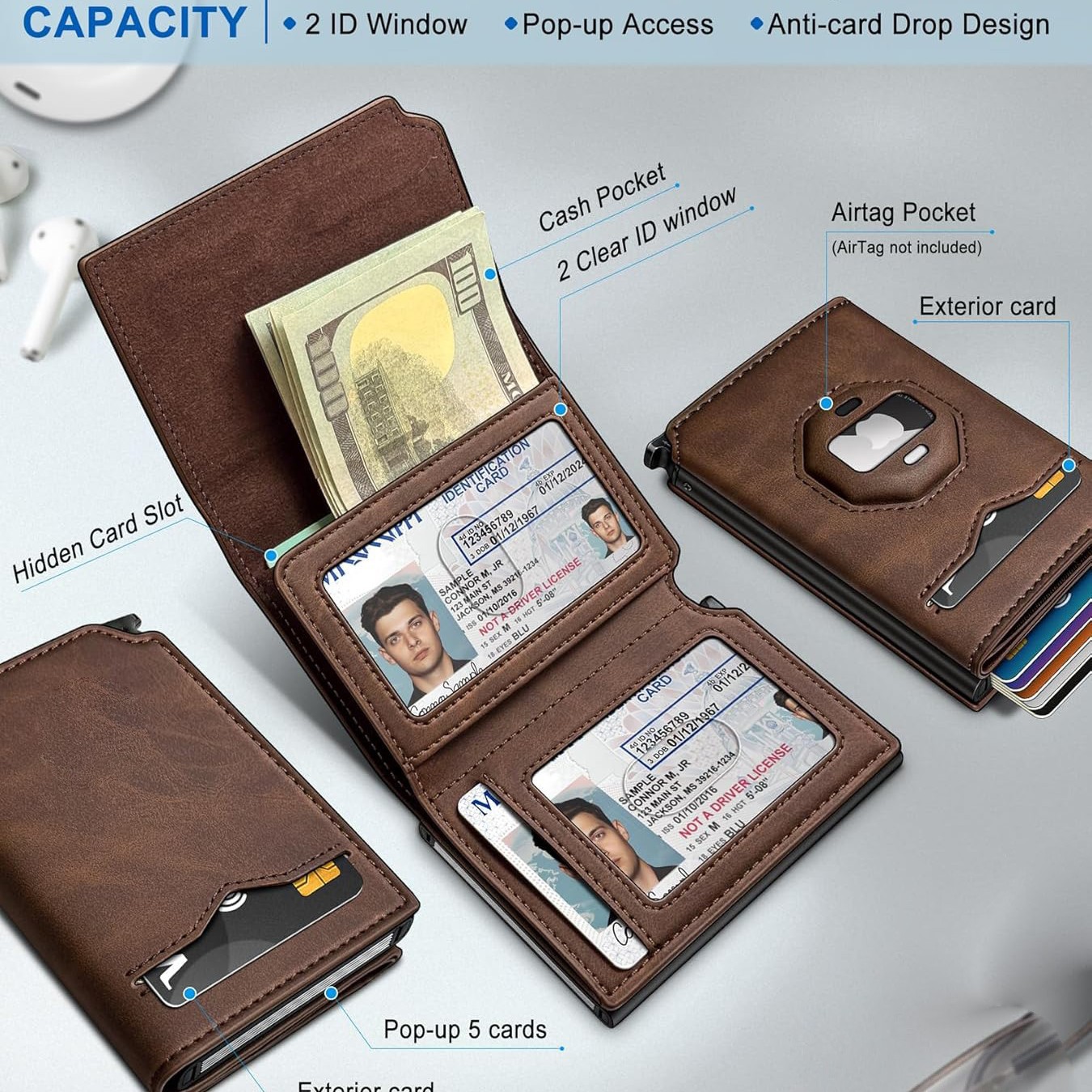 Monedero de rastreo transfronterizo de airtag de hombre multi-tarjeta de fibra de carbono cartera de tarjetas de cartera antirrobo de cepillo de cuero de hombre