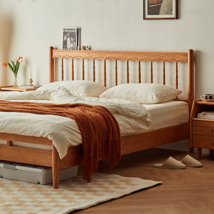 Nordic Solid Wood Windsor Bed Japanese Log Cherry Wood Bedroom Single Retro 1.5 m 1.8 m Double Bed
