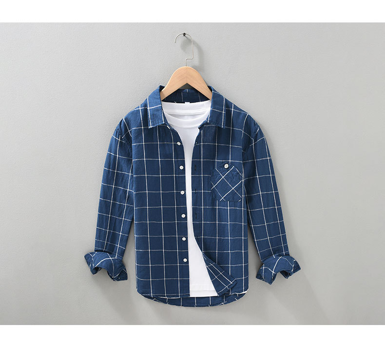 Japanese-style Fresh Checkered Cotton-Linen Shirt 4