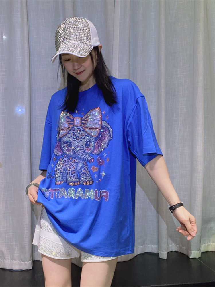 Camiseta de manga corta con diamantes para mujer europea y americana moda de verano suelta versión grande marca de moda de longitud media tops de algodón de diamantes calientes para mujer