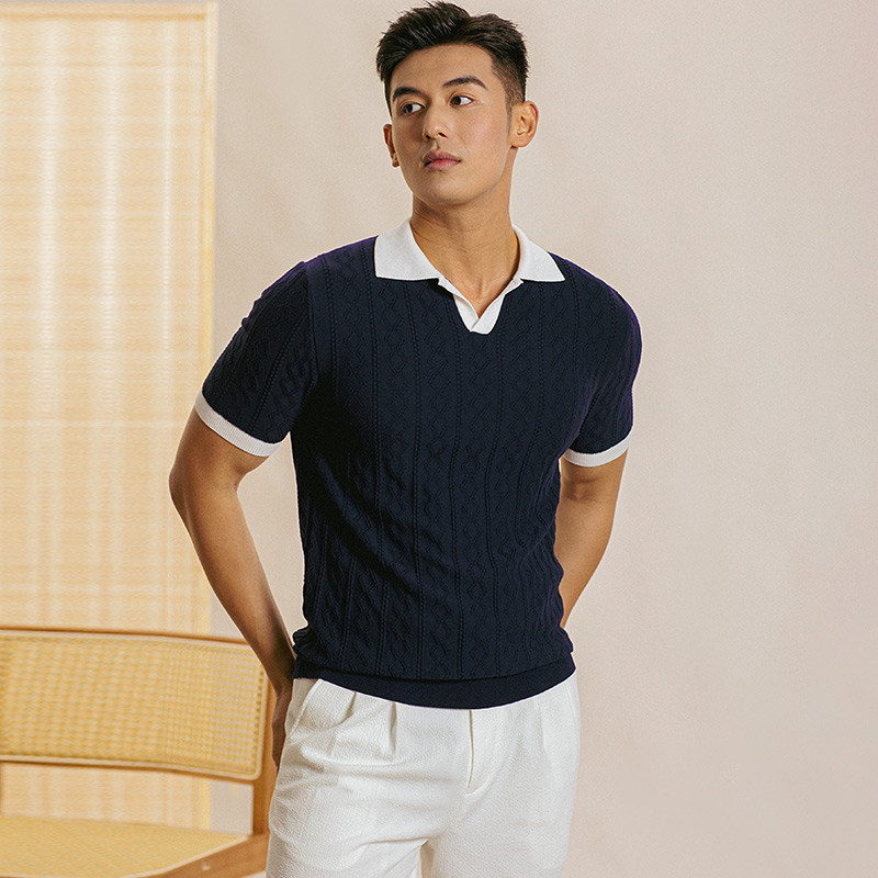 Polo camiseta de punto camiseta de manga corta hombre cuello en V cuello gaviota color de textura vieja camiseta de viento de verano fábrica transfronteriza al por mayor image 7