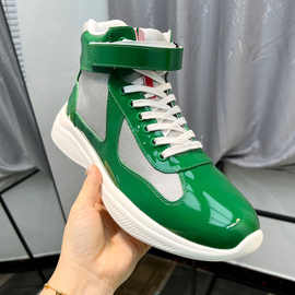 广州货欧洲站男鞋新款高端头层牛皮拼接帆布魔术贴休闲高帮板鞋