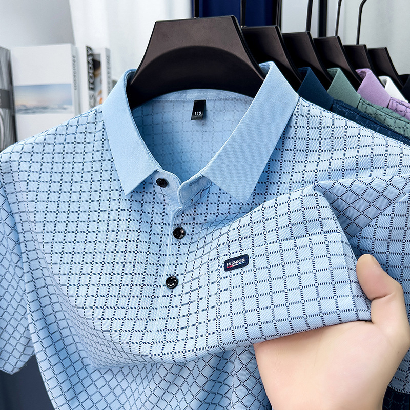 Summer Plaid Short-Sleeve T-Shirt for Men with Printed Real Pockets, Non-Iron, Middle-Aged Dad Style, Casual Loose Polo Shirt Summer Plaid Short-Sleeve T-Shirt for Men with Printed Real Pockets, Non-Iron, Middle-Aged Dad Style, Casual Loose Polo Shirt