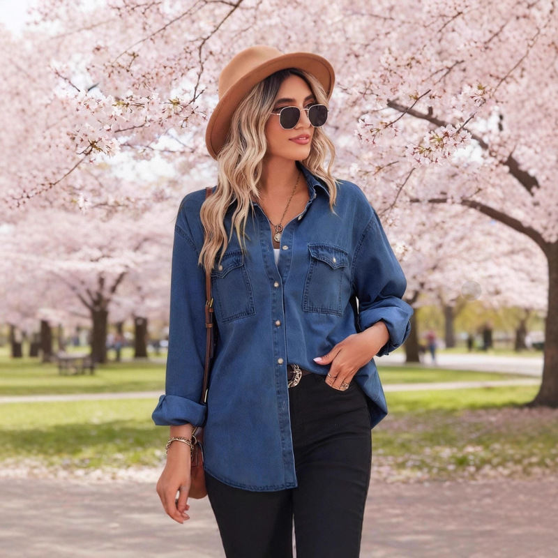 European and American Clothing Amazon Washed Long-Sleeved Denim Shirt Cross-Border New Foreign Trade Loose Large Size Jacket Shirt European and American Clothing Amazon Washed Long-Sleeved Denim Shirt Cross-Border New Foreign Trade Loose Large Size Jacket Shirt