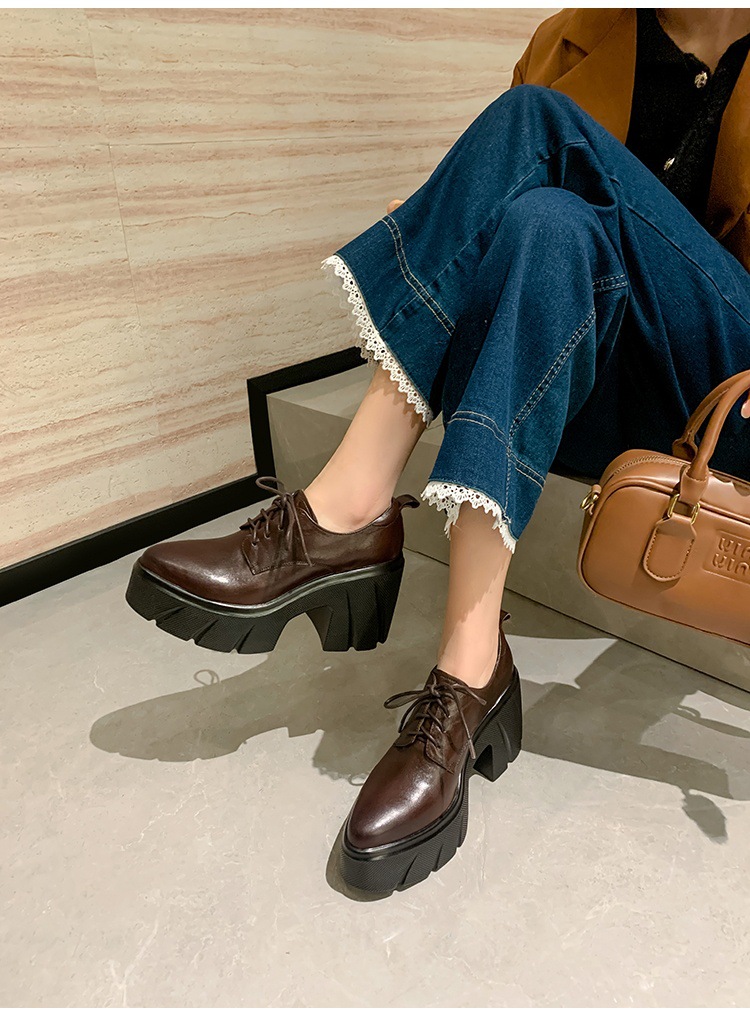Giày loafer nữ đế xuồng cao gót buộc dây da bò thật — màu nâu chi tiết 9