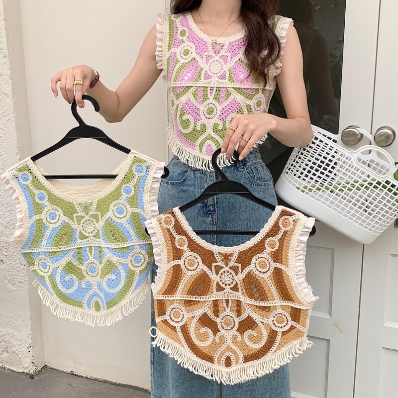 New 2023 Vintage Hollow Crocheted Vest Top Women's Ruffled Sleeve Design Niche Embroidered Sleeveless Vest