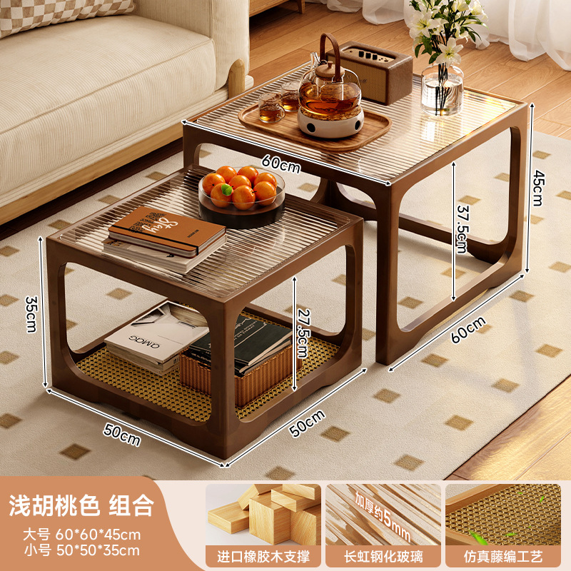 Mesa de centro de vidrio de madera, sala de estar, mesa de té de apartamento pequeño para el hogar 2025 nueva mesa lateral de combinación cuadrada, mesa de té pequeña de ratán