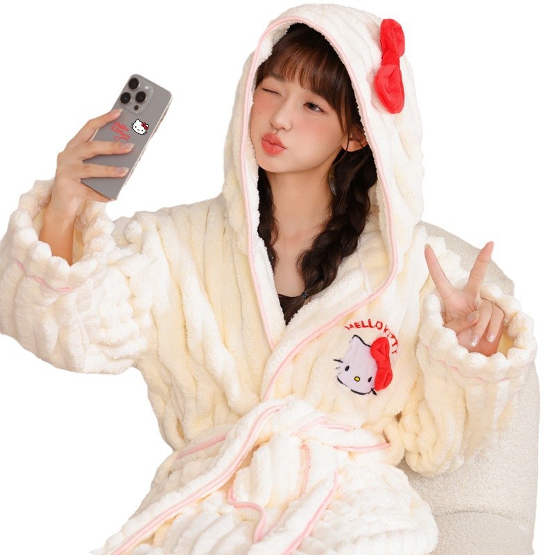 헬로 키티 목욕 가운 산호 양털 귀여운 잠옷 가을과 겨울 두껍게 긴 빠른 건조 여성용 홈 옷