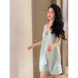 女士高级立体玫瑰花边睡裙女夏款2025年新款缎面冰丝家居服连衣裙