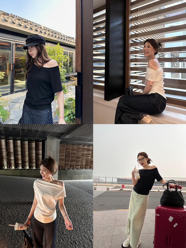 蝶宝嘻 ju好穿 斜肩上衣双版本设计感小众百搭慵懒风宽松短袖T恤|undefined