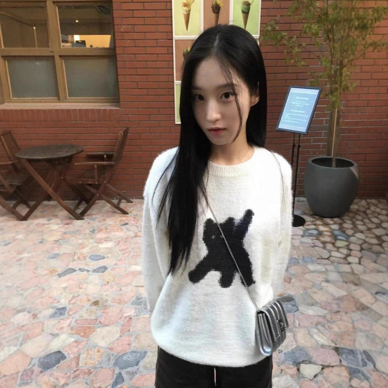 韩国小众潮牌aeae猫咪发光眼睛圆领毛衣女短款针织衫上衣秋冬款|undefined