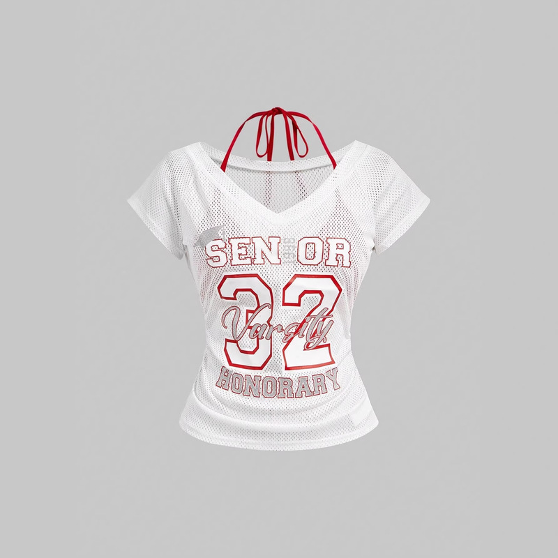 2026 Summer Y2K Sports Style Halter V-Neck T-Shirt for Women with Digital Print Mesh Slim Fit Hot Girl Top 2026 Summer Y2K Sports Style Halter V-Neck T-Shirt for Women with Digital Print Mesh Slim Fit Hot Girl Top
