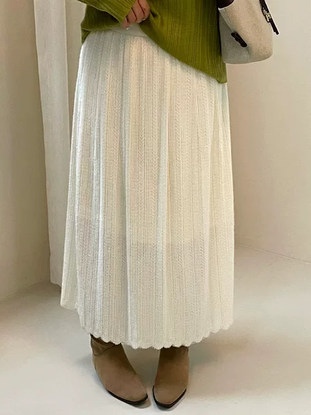 Women's elastic waist, wavy lace knit midi skirt, 2026 autumn collection, plus-size, versatile, flowing long skirt NQ1613