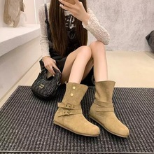 圆头复古皮带扣绒面马丁靴女款2025冬季新款百搭加绒保暖勃肯短靴