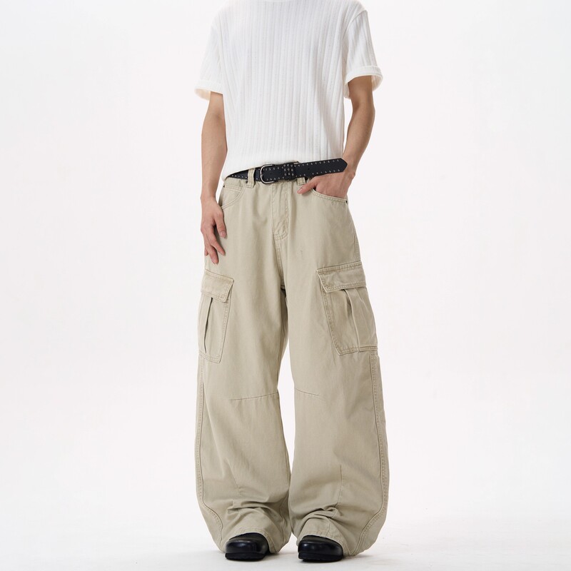 Kisko American High Street Cut Multi-Pocket Apricot Cargo Pants for Men and Women Trendy Brand Design Loose Straight Pants