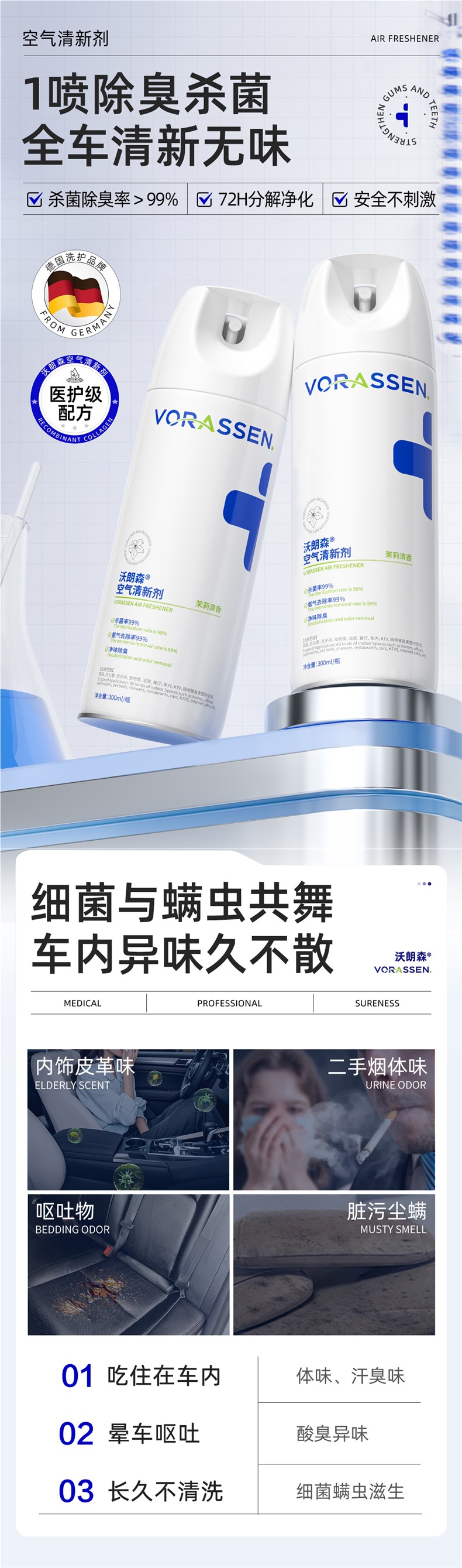 Car Odor Removal, Car Disinfection, Sterilization, Deodorizing Spray, Air Conditioning, Seat Leather Smoke Odor Removal, Air Freshener