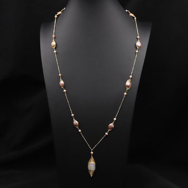 ¡Alta calidad! Cadena de suéter de perlas naturales de alto grado collar de cuello largo elegante de todas las mujeres 18K galvanoplastia de oro real