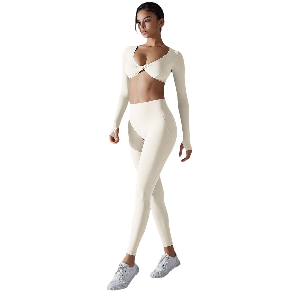 Nuevo color sólido sin ropa interior doble brocado de manga larga juego de yoga deportivo ajustado elástico alta ropa de yoga antibacteriana image 6