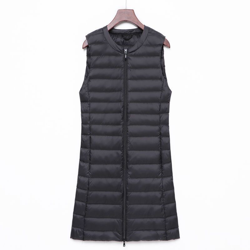 Transfronterizo otoño y invierno nuevo tipo de chaqueta de pluma de mujer ligera media y larga moda coreana con cremallera de cuello redondo calentamiento exterior