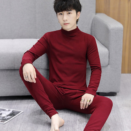 Men's Teen Middle-Aged Senior Half High Collar Double-Faced Fleece Warm Innerwear Base Set Top and Bottom Socks Autumn and Winter Set