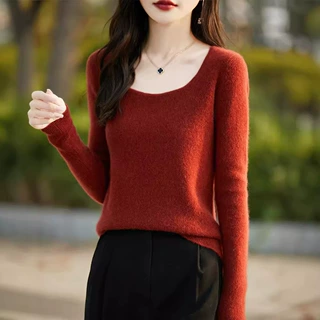 秋时尚新款冬针织毛衣U领羊毛衫针织衫内搭打底衫女打底外穿上衣