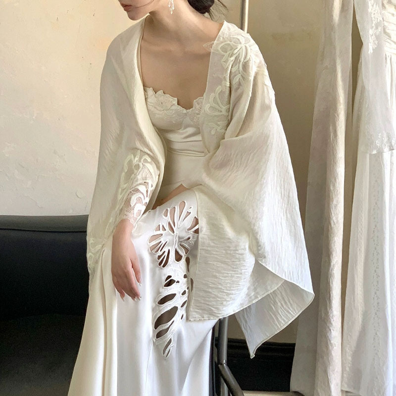 [フラワーガール] 高級クールフレンチスタイルドレス中空刺繍妖精ショールシャツ2点セット|undefined