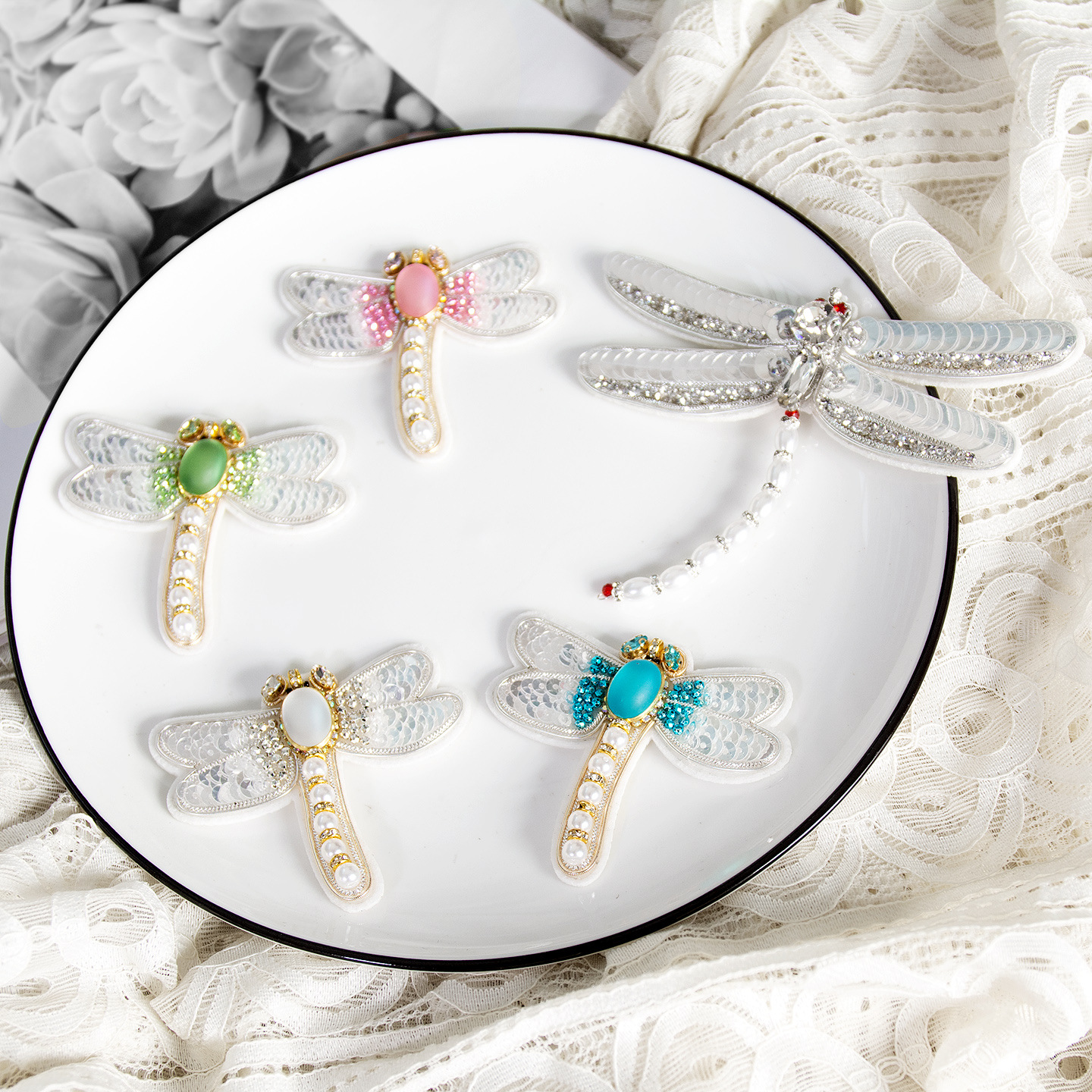 印度丝手工刺绣精致复古彩色蜻蜓布贴高档头纱婚纱饰品补丁包装饰