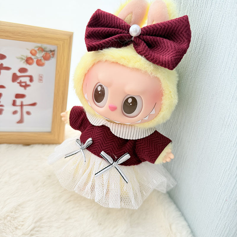 仅衣服] 一二代钥匙扣Labubu酒红白纱连衣裙萌衣服拉布布娃衣挂件
