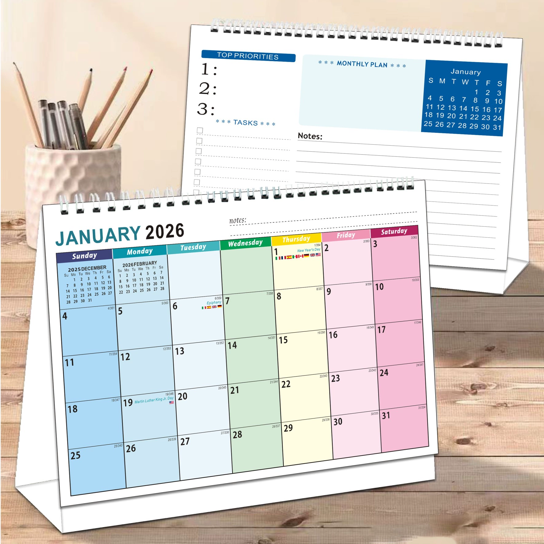 Календарь настольный Amazon 2026-2027, полный, на английском языке, с отображением праздников США, еженедельный планировщик, цветная печать