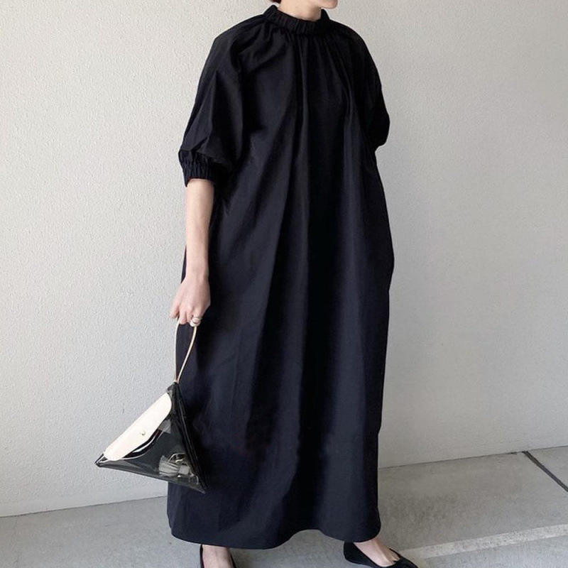 Japanese-style Loose Collar Back Zipper Short-sleeved dress Women's Spring and Summer Solid Color Elegant A- line Knee-length Dress