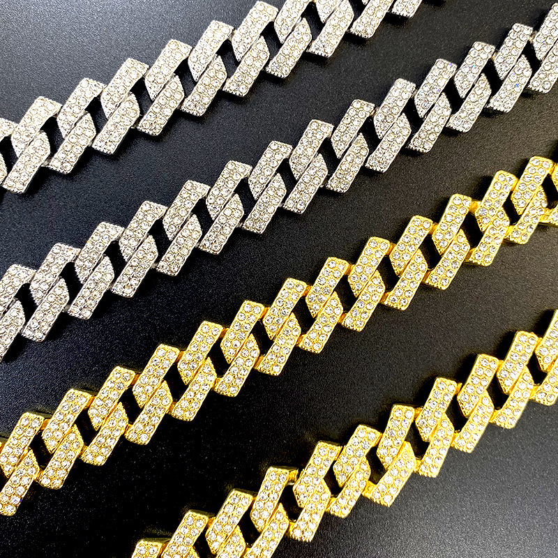 15mm Cuban chain double row full diamond strip men's hip-hop jewelry necklace_voghion.com