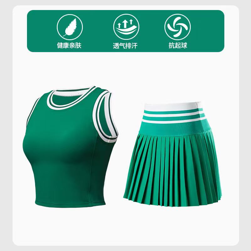 [Traje deportivo] chaleco de bra de cuello redondo de mujer, cintura alta, color combinado, vestido de tenis de pliegues secos rápidos, ropa apretada.