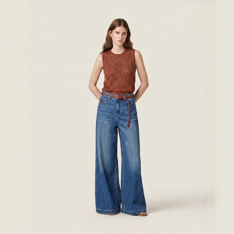 Summer lightweight Tencel denim pants, high-waisted, wide-leg, slimming, with built-in braided belt, vintage style Summer lightweight Tencel denim pants, high-waisted, wide-leg, slimming, with built-in braided belt, vintage style