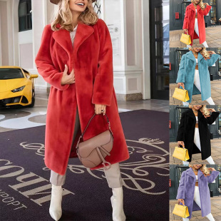 2025 Autumn and Winter Cross-Border Export European and American Women's Casual Pure Color Elegant Lace-Up Lapel Plush Long Outwear for Women