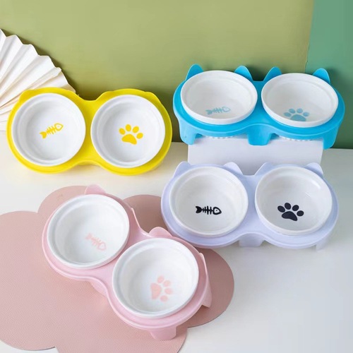 Cat Bowl Ceramic Double Bowl Water Bowl Protects Cervical Vertebra High Legs Slanted Mouth Cat Food Bowl Drinking Bowl Pet Bowl Pet Supplies