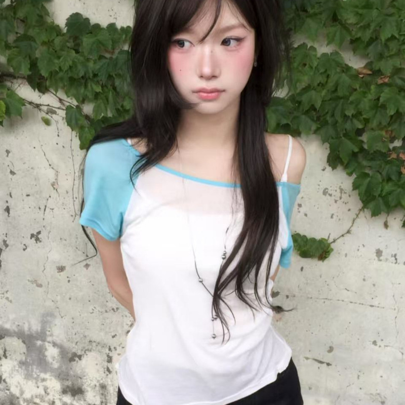 Blogger's Same Style Korean Dongdaemun Lightweight Simple Color-Blocked Short-Sleeve Asymmetrical Shoulder T-Shirt in Mint Color Blogger's Same Style Korean Dongdaemun Lightweight Simple Color-Blocked Short-Sleeve Asymmetrical Shoulder T-Shirt in Mint Color