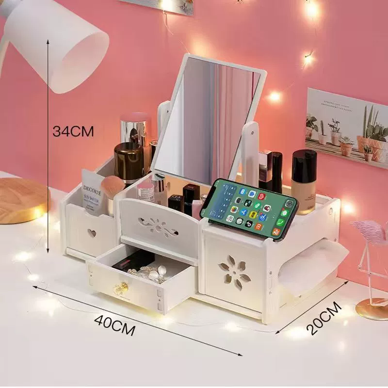 Desktop Cosmetic Organizer — Multifunctional Makeup Storage Box with Drawers and Mirror